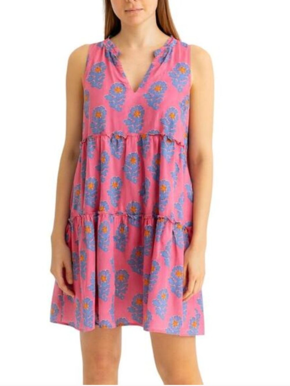J Marie Sleeveless Split Neck Piper Tiered Mini Dress